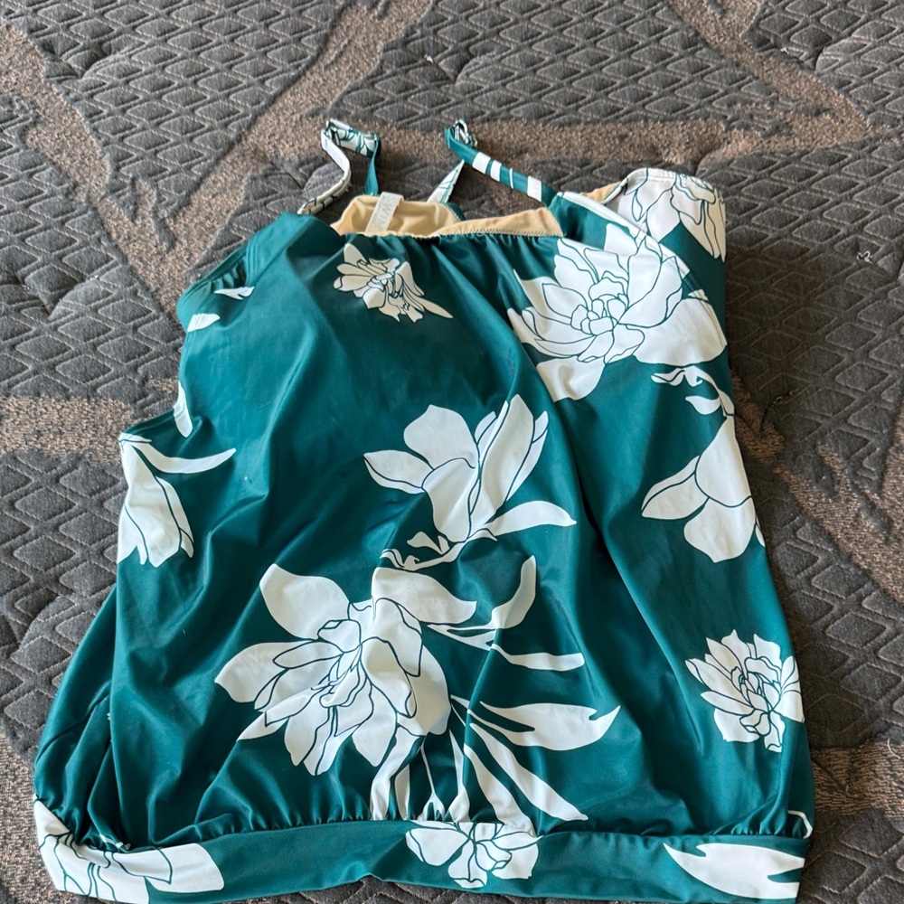 Teal Floral tankini  with White Blooms
